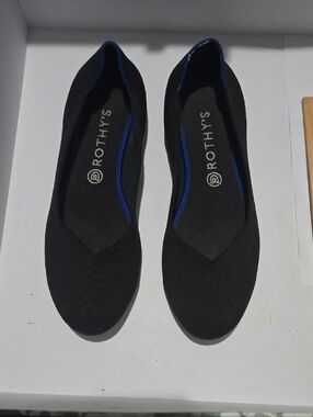 Rothy's Black Knit Ballet Flats with Blue Trim